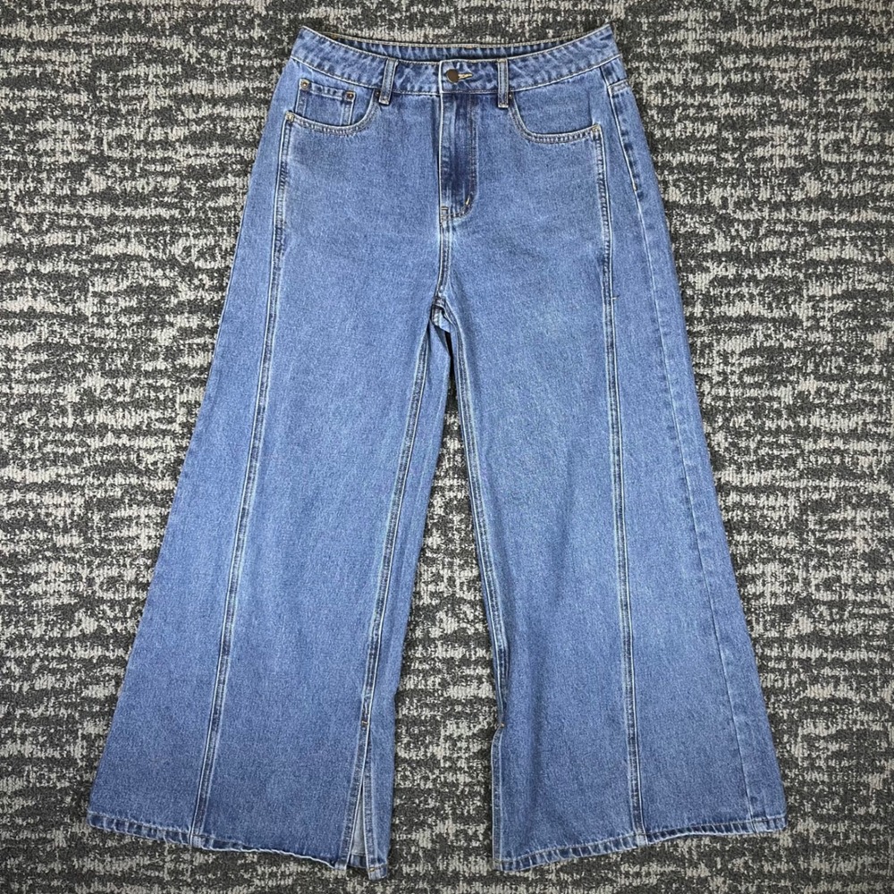 Cider Wide Leg Jeans Womens L Blue Front Seam High Rise Denim Flare Relaxed